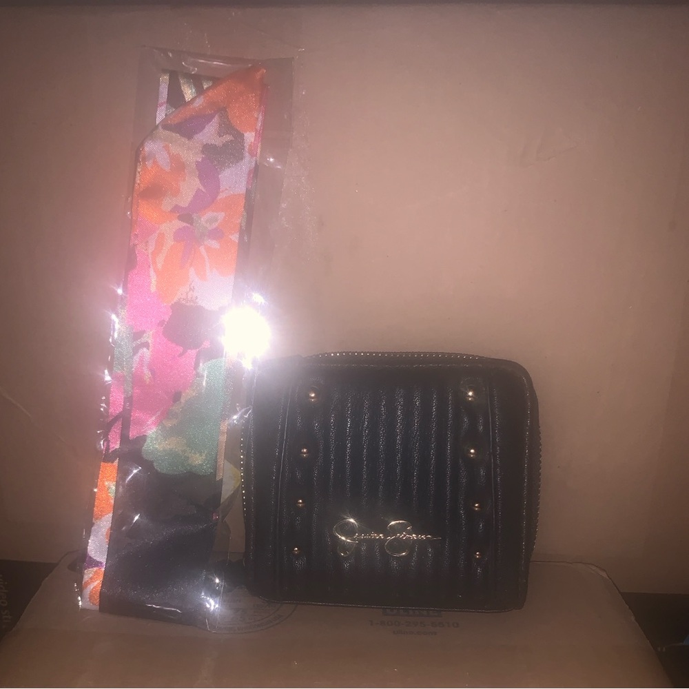 Jessica Simpson Black Wallet with Gold Studs with matching Bag scarf
